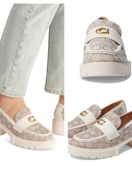 Coach Shoes - Coach Beige Signature Canvas Loafers Cream Strap and Gold Hardware size 6.5 B